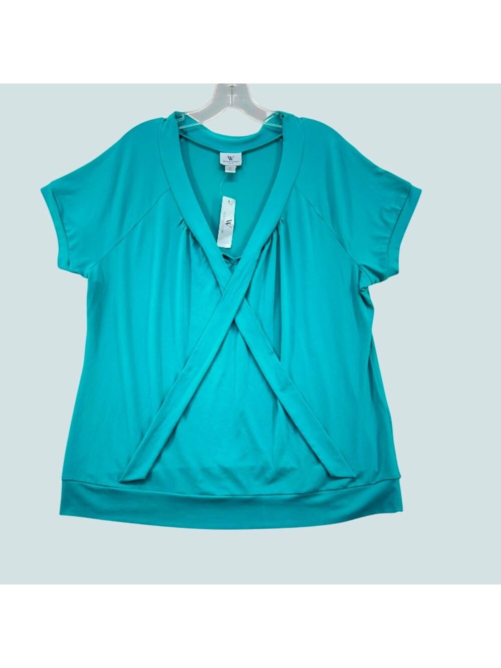 Worthington Stretch Womens Tropical Green Blouse XL Short Sleeve Polyester Blend